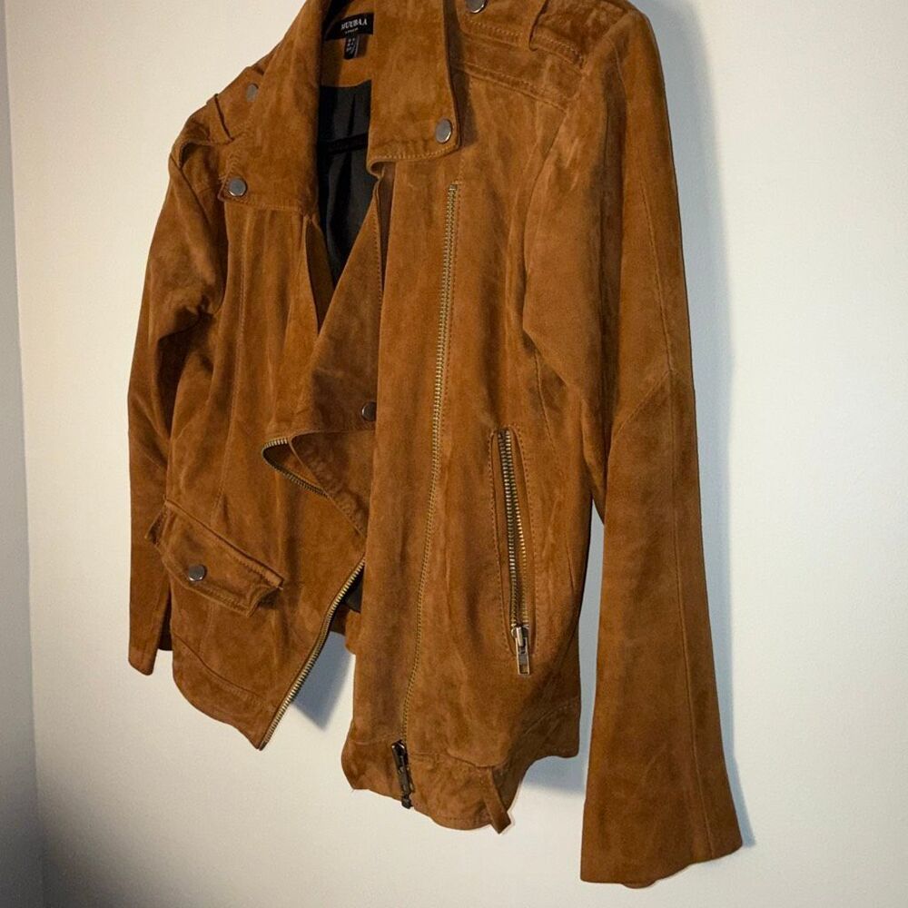 Muubaa Women’s Suede Moto Jacket Size 8 – Tan Brown Asymmetrical Zip Leather Bik - Picture 5 of 14